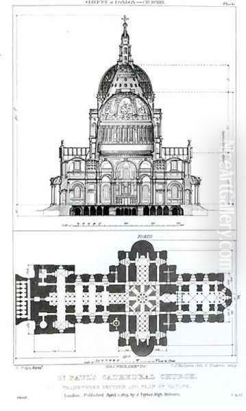 Cross section of St. Pauls Cathedral and plan of the vaults, engraved by C. J. Mathews and G. Gladwin, published in 1823 - view 1