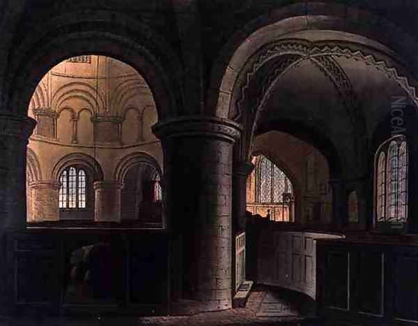 Interior of the Church of the Holy Sepulchre, Cambridge, from The History of Cambridge, engraved by J. Hill, pub. by R. Ackermann, 1815 - view 1