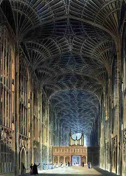 Interior of Kings College Chapel, from The History of Cambridge, engraved by Joseph Constantine Stadler fl.1780-1812, pub. by R. Ackermann, 1815 - view 1