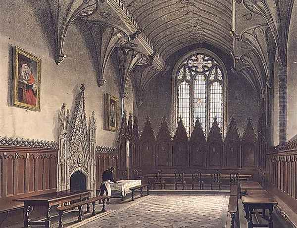 Interior view of the hall of University College, illustration from the History of Oxford, engraved by J. Hill, pub. by R. Ackermann, 1814 - view 1