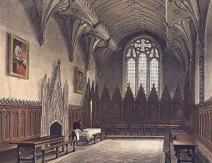 Interior view of the hall of University College, illustration from the History of Oxford, engraved by J. Hill, pub. by R. Ackermann, 1814