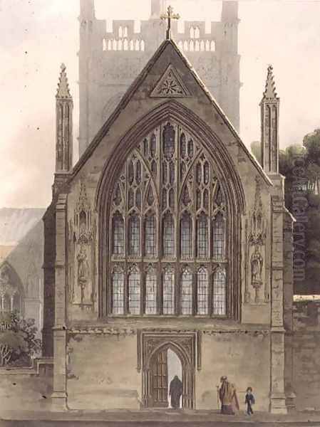 Exterior of Merton College, facing the north window of the Ante chapel, illustration from the 'History of Oxford', engraved by I. Sutherland, pub. by R. Ackermann, 1813 - view 1