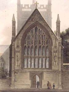Exterior of Merton College, facing the north window of the Ante chapel, illustration from the 'History of Oxford', engraved by I. Sutherland, pub. by R. Ackermann, 1813 by Augustus Charles Pugin