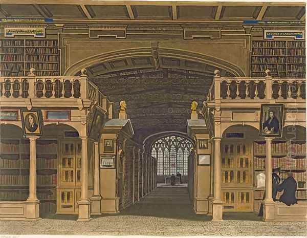 Interior of the Bodleian Library, illustration from the History of Oxford, engraved by Joseph Constantine Stadler fl.1780-1812 pub. by R. Ackermann, 1813 - view 1