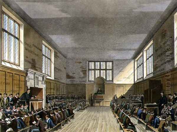 Harrow School Room from History of Harrow School, part of History of the Colleges, engraved by Daniel Havell 1785-1826 pub. by R. Ackermann, 1816 - view 1