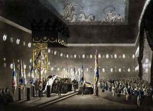 Remains of Lord Viscount Nelson Laying in State in the Painted Chamber at Greenwich Hospital, engraved by J. Merigot, pub. 1806 by Augustus Charles Pugin