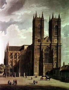 The West Front, plate 2 from Westminster Abbey, engraved by J. Bluck fl.1791-1831 pub. by Rudolph Ackermann 1764-1834 1811 by Augustus Charles Pugin
