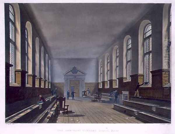 The Merchant Taylors School Room, from History of Merchant Taylors School, part of History of the Colleges, engraved by Joseph Constantine Stadler fl.1780-1812 pub. by R. Ackermann, 1816 - view 1