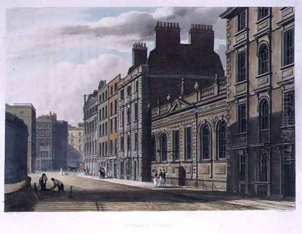 St. Pauls School, from History of St. Pauls School, part of History of the Colleges, engraved by Joseph Constantine Stadler fl.1780-1812 pub. by R. Ackermann, 1816 - view 1