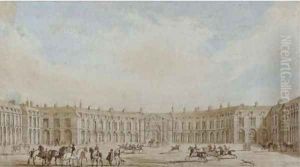 Mounted cavalry before a continental palace by Augustus Charles Pugin