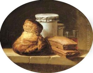 A brioche, two pastries, two covered jars and a glass of red wine on a stone ledge by Henri-Horace Roland de la Porte
