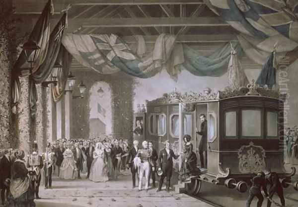 Queen Victoria 1819-1901 and Prince Albert 1819-61 Arriving at Gosport Station, Hampshire, engraved by Bayot and Cuvilier, 1846 - view 1