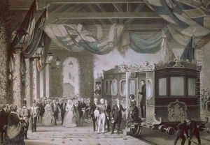 Queen Victoria 1819-1901 and Prince Albert 1819-61 Arriving at Gosport Station, Hampshire, engraved by Bayot and Cuvilier, 1846 by Edouard Pingret