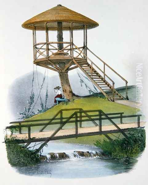 A hut and rustic bridge at Parc de la Motte, Bourgogne, illustration from Habitations Champetres published Paris, c.1895 - view 1