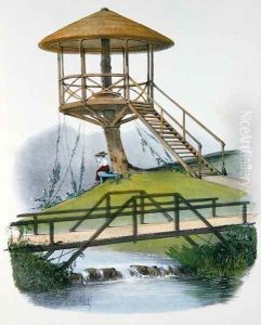 A hut and rustic bridge at Parc de la Motte, Bourgogne, illustration from Habitations Champetres published Paris, c.1895 by Victor Jean-Baptiste Petit