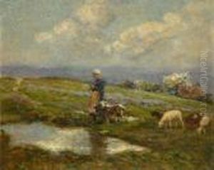 Bergere Et Ses Moutons Pres D'une Mare