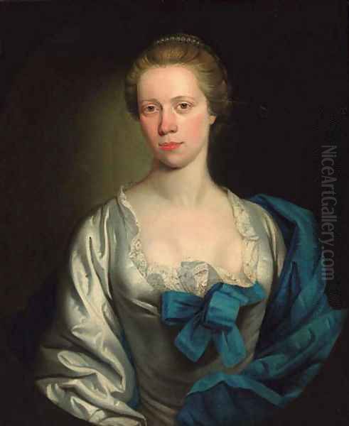 Portrait of a lady, half-length, in a white dress trimmed with lace, with a blue shawl, feigned oval - view 1