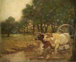 Fernand Maillaud . Ox Cart Fording A Stream by Fernand Maillaud