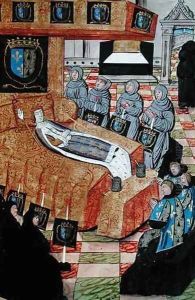 Fol.12r The Duchess Queen on her deathbed, from the Account of the Funeral of Anne of Brittany