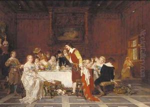 Elegant figures dining in an interior by Antoine Emile Plassan