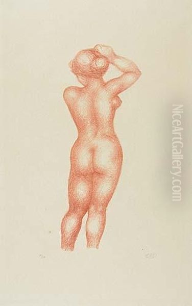 Femme Nue De Dos, Bras Droit Releve Au-dessus De La Tete - view 1