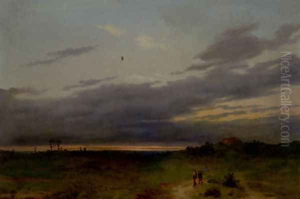 Sunset Landscape With Two Figures On A Track - view 1