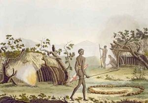 Native cabin, New Holland, plate 64 from Le Costume Ancien et Moderne, by Jules Ferrario, published c.1820s-30s by Sydney Parkinson