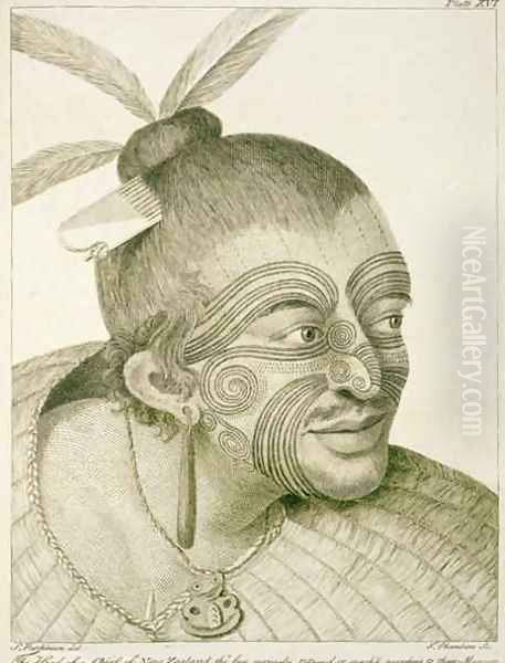 The head of a chief of New Zealand, the face curiously tataow'd, or marked according to their manner. From Journal of a Voyage to the South Seas, 1784 - view 1