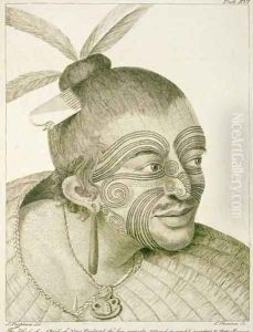 The head of a chief of New Zealand, the face curiously tataow'd, or marked according to their manner. From Journal of a Voyage to the South Seas, 1784
