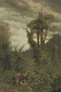 An Artist At Her Easel In A Wooded Landscape by Konstantin Egorovich Egorovich Makovsky