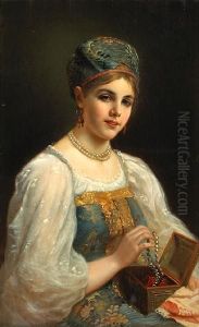 A Young Woman Holding A Jewelery Box by Konstantin Egorovich Egorovich Makovsky