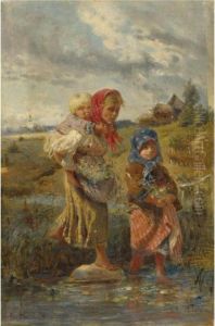 Children Crossing A Brook by Konstantin Egorovich Egorovich Makovsky