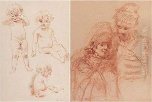 A Pair Of Sanguine Studies 
Depicting A Boyarina And Companion And Three Images Of A Naked Baby Girl by Konstantin Egorovich Egorovich Makovsky