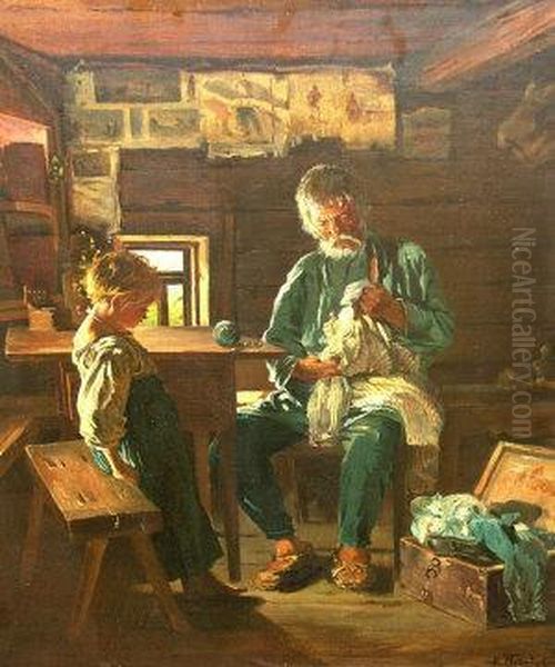 Portrait Of An Old Man With A Child In A Workshop Interior - view 1