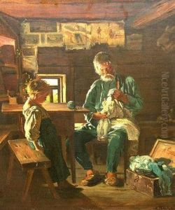 Portrait Of An Old Man With A Child In A Workshop Interior