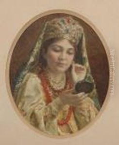Woman Looking At Earring In Pocket Mirror by Vladimir Egorovic Makovsky