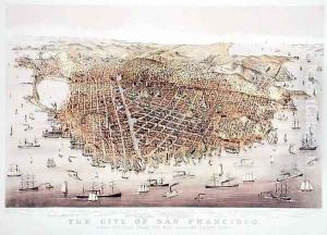 The City of San Francisco, birds-eye view from the Bay looking south-west, published by Currier and Ives by Charles Parsons