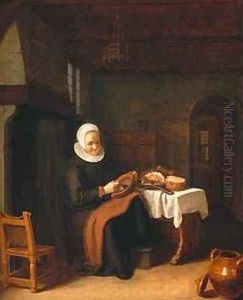 Lady seated in front of a fireplace with ham and bread on a table