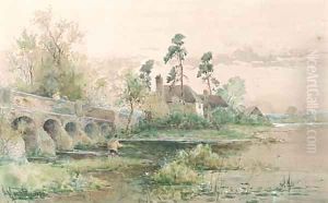 Fly fishing by a bridge by Henry Maurice Page