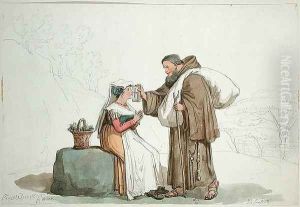 Monk offering a reliquary for a woman to kiss in Frascati, 1825 by Bartolomeo Pinelli