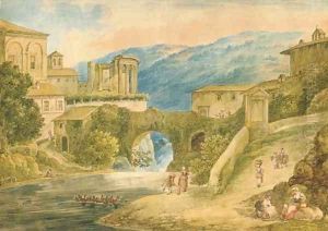 Tivoli with the Temple of Vesta, figures in the foreground by Bartolomeo Pinelli
