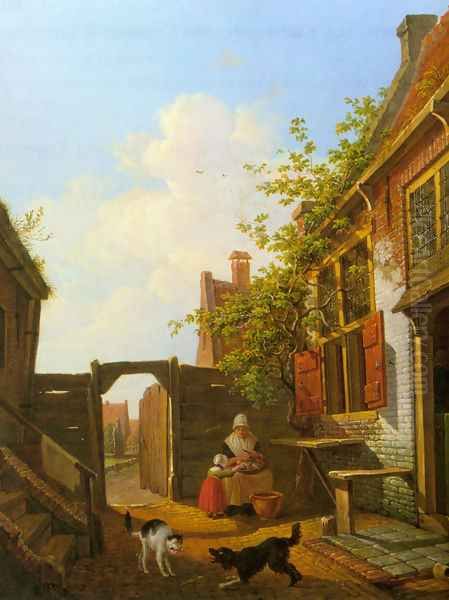 A Sunlit Courtyard with Mother and Child Peeling Vegetables - view 1
