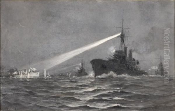 Bataille De Falkland Huile Sur Panneau Signee En Bas A Gauche by Charles Malfroy