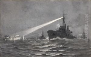 Bataille De Falkland Huile Sur Panneau Signee En Bas A Gauche
