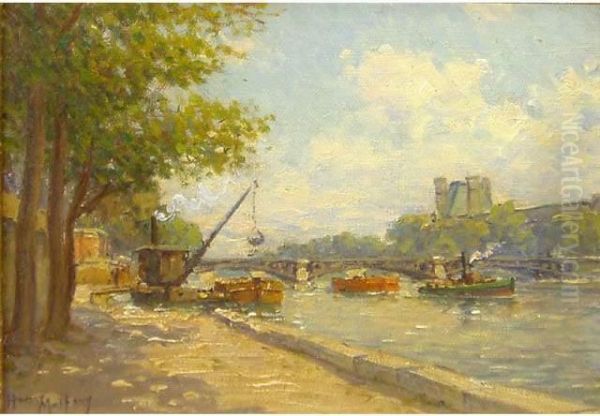 Le Pont Du Carrousel Huile Sur Toile Signee En Bas A Gauche - view 1