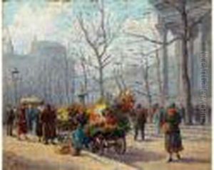 Marchand De Fleurs, Place De La Madeleine by Henri Malfroy