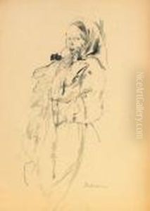Woman In Kerchief And Apron Standing Hand To Mouth Woman In Kerchief And Apron Standing Hand To Mouth