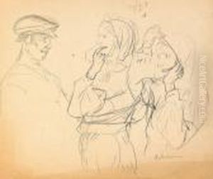 Man In Cap With Two Smiling Women In Kerchiefs by Philippe Andreevitch Maliavine