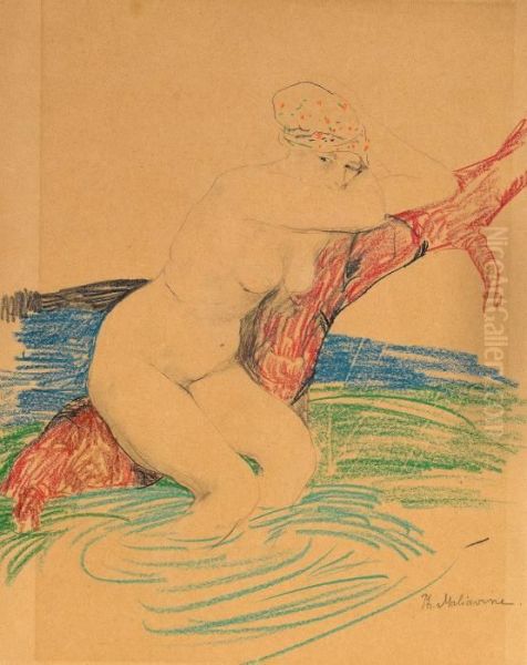 Female Nude In Cap Seated On Tree Trunk In Water - view 1