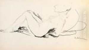 Reclining Female Nude In Profile With Hat And Pillows
